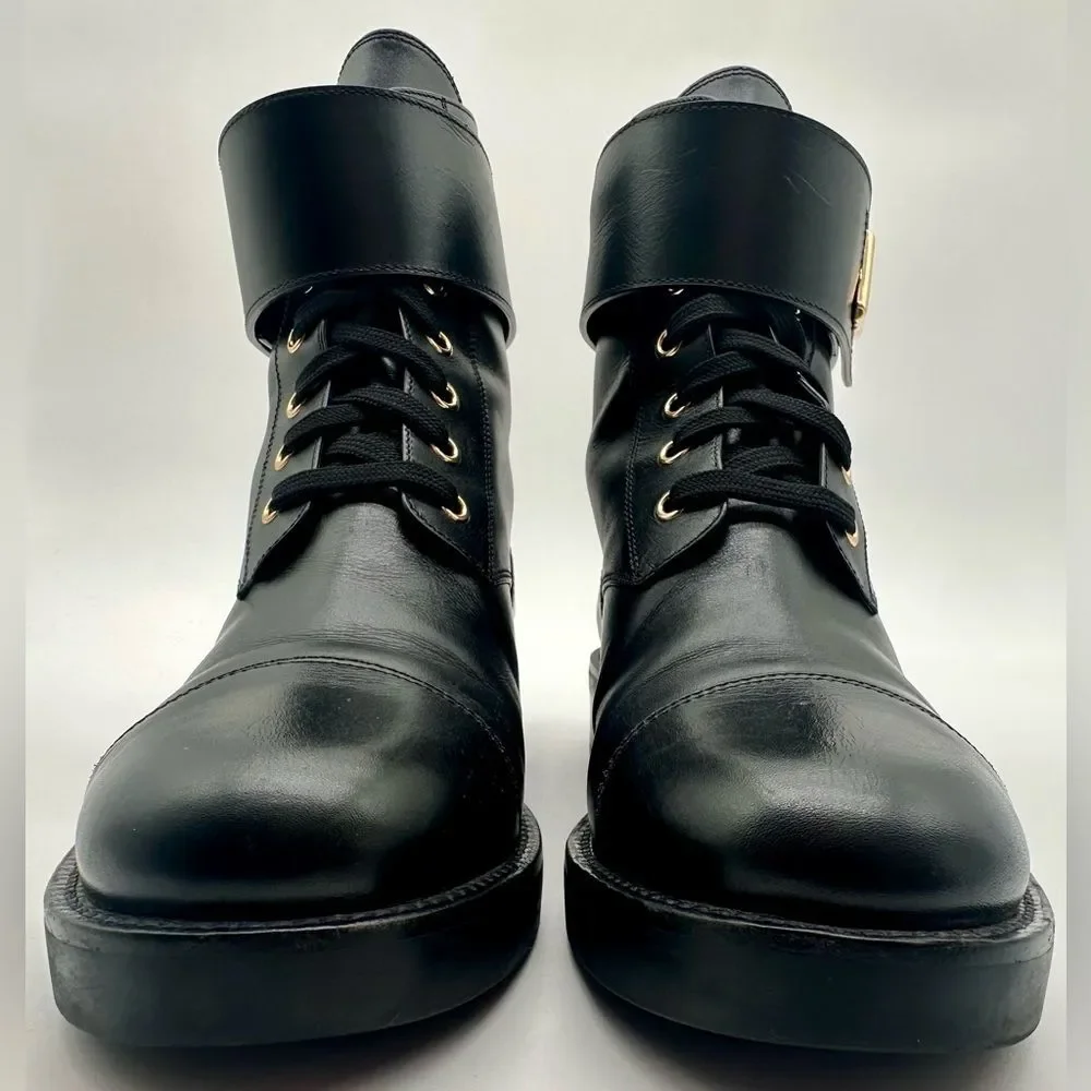 Louis Vuitton Wonderland Ranger Combat Moto Boots Black Leather LV Logo EU 38.5